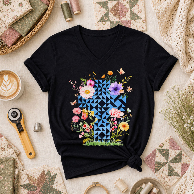 Faith Cross Quilt Blocks Wildflowers Butterfly Women's V-Neck - Black