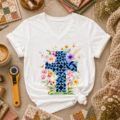 Faith Cross Quilt Blocks Wildflowers Butterfly Women's V-Neck - White