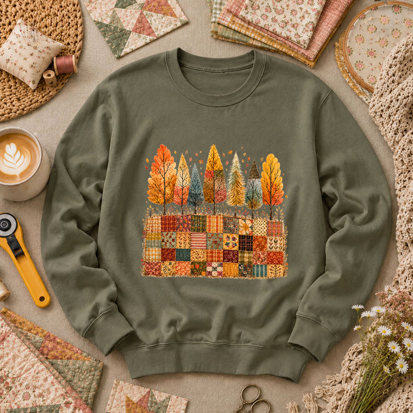 Fall Trees Patchwork Quilt Long Sleeve - Military Green