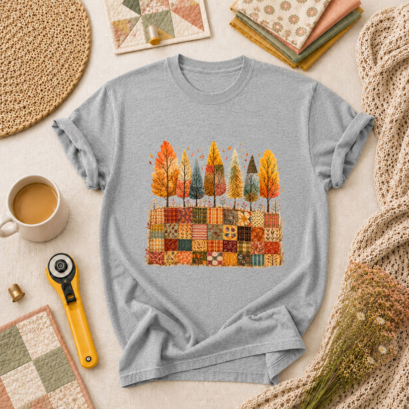 Fall Trees Patchwork Quilt T-Shirt - Athletic Heather