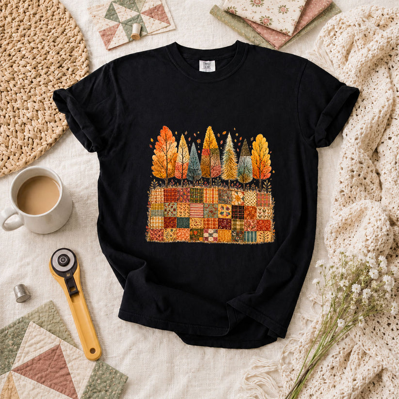 Fall Trees Patchwork Quilt T-Shirt - Black
