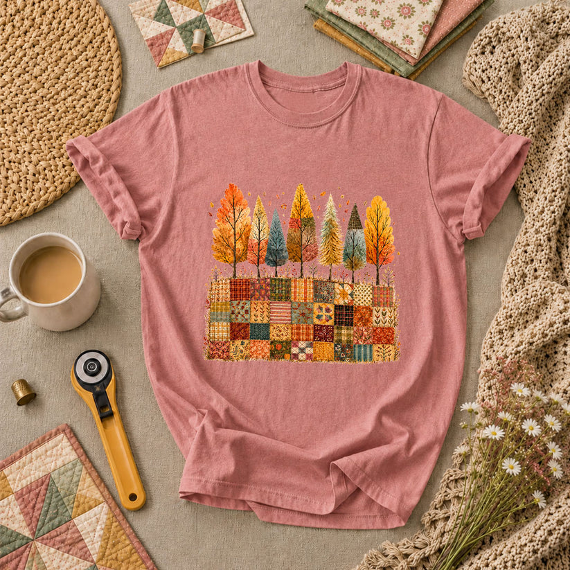 Fall Trees Patchwork Quilt T-Shirt - Heather Mauve