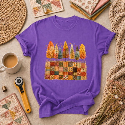 Fall Trees Patchwork Quilt T-Shirt - Heather Team Purple