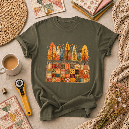 Fall Trees Patchwork Quilt T-Shirt - Military Green