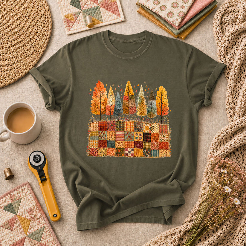 Fall Trees Patchwork Quilt T-Shirt - Military Green