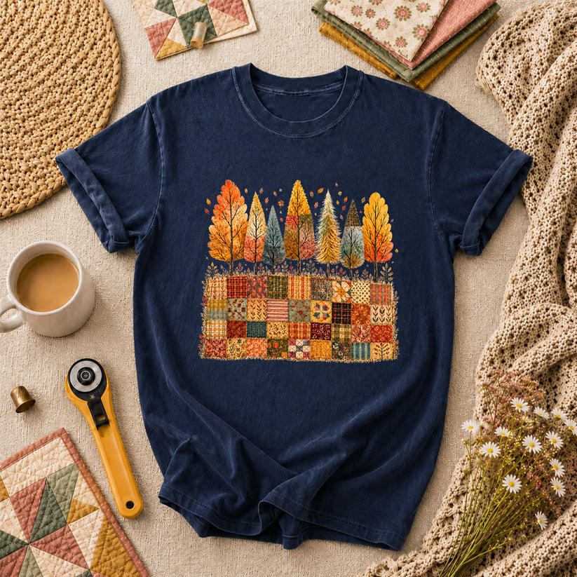 Fall Trees Patchwork Quilt T-Shirt - Navy