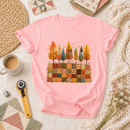 Fall Trees Patchwork Quilt T-Shirt - Pink