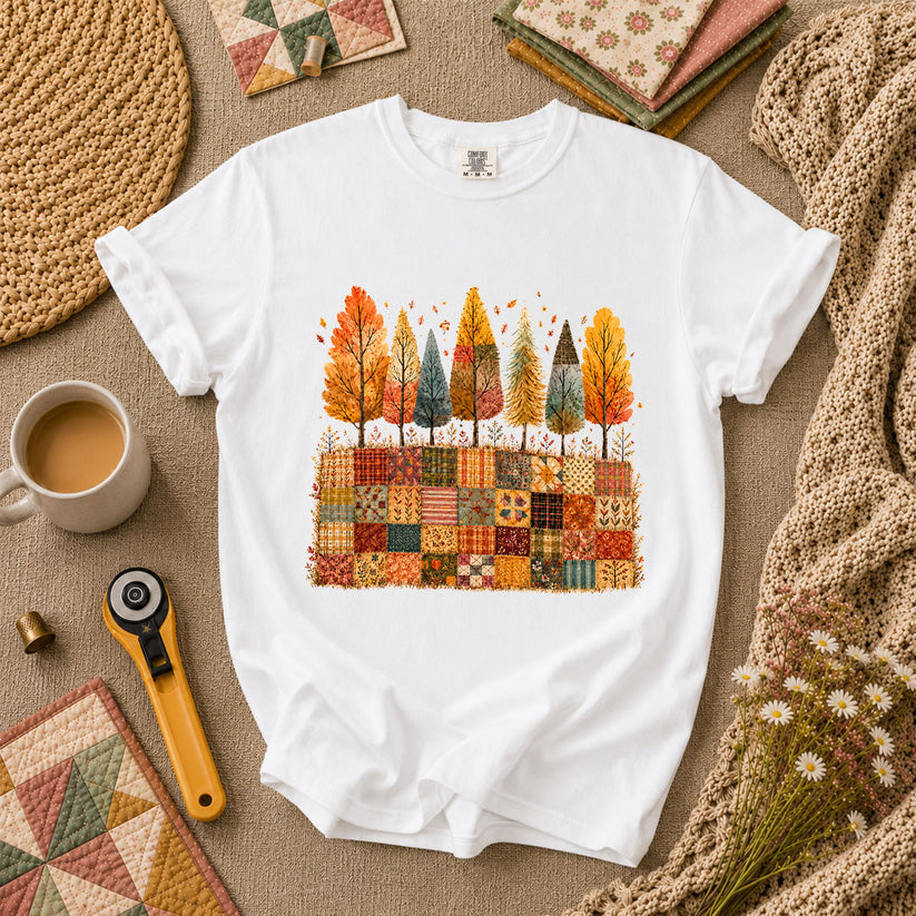 Fall Trees Patchwork Quilt T-Shirt - White