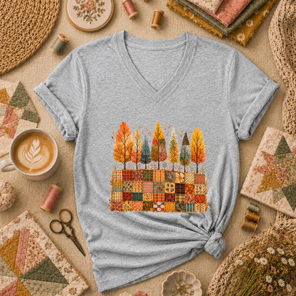 Fall Trees Patchwork Quilt Women's V-Neck - Athletic Heather