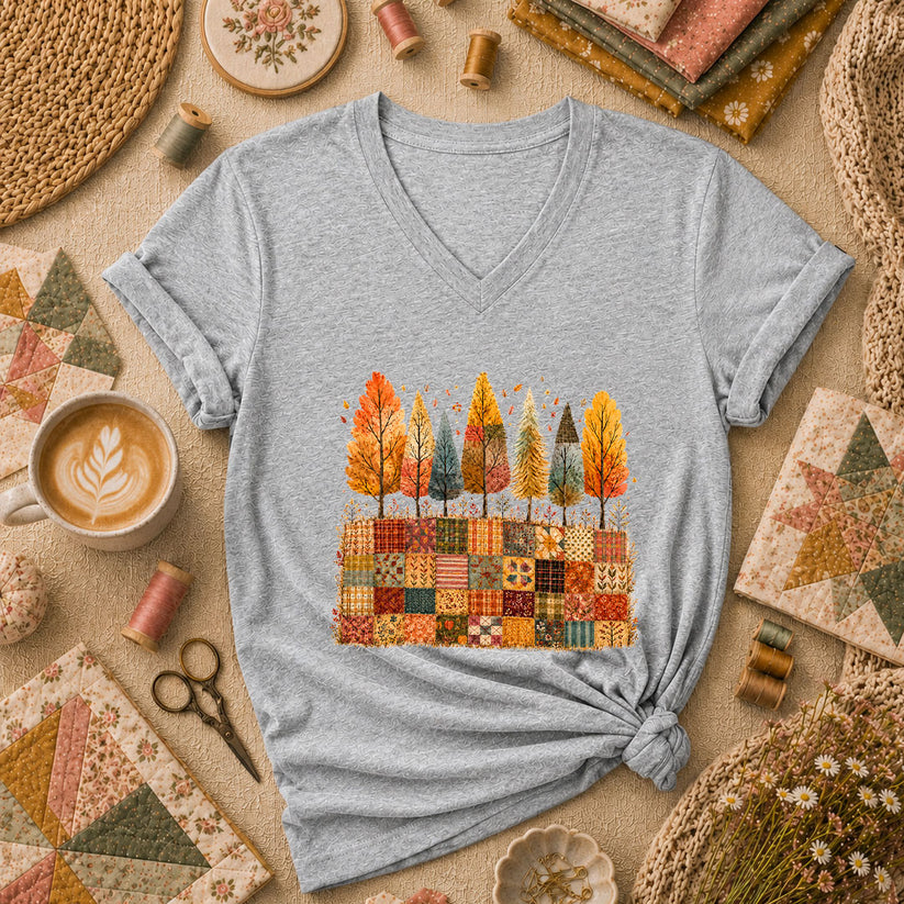 Fall Trees Patchwork Quilt Women's V-Neck - Athletic Heather