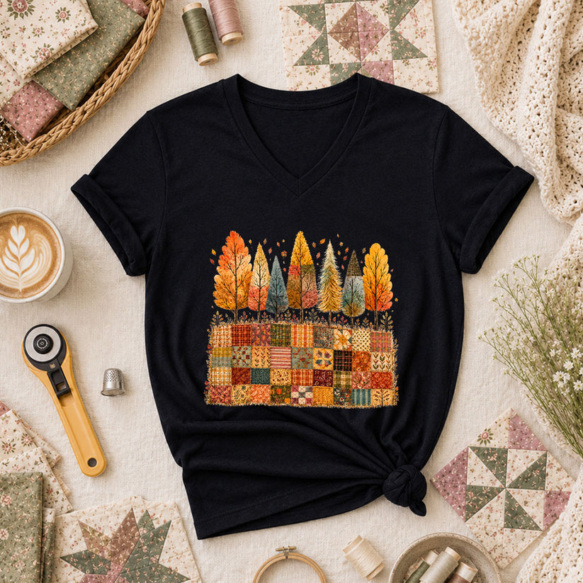 Fall Trees Patchwork Quilt Women's V-Neck - Black