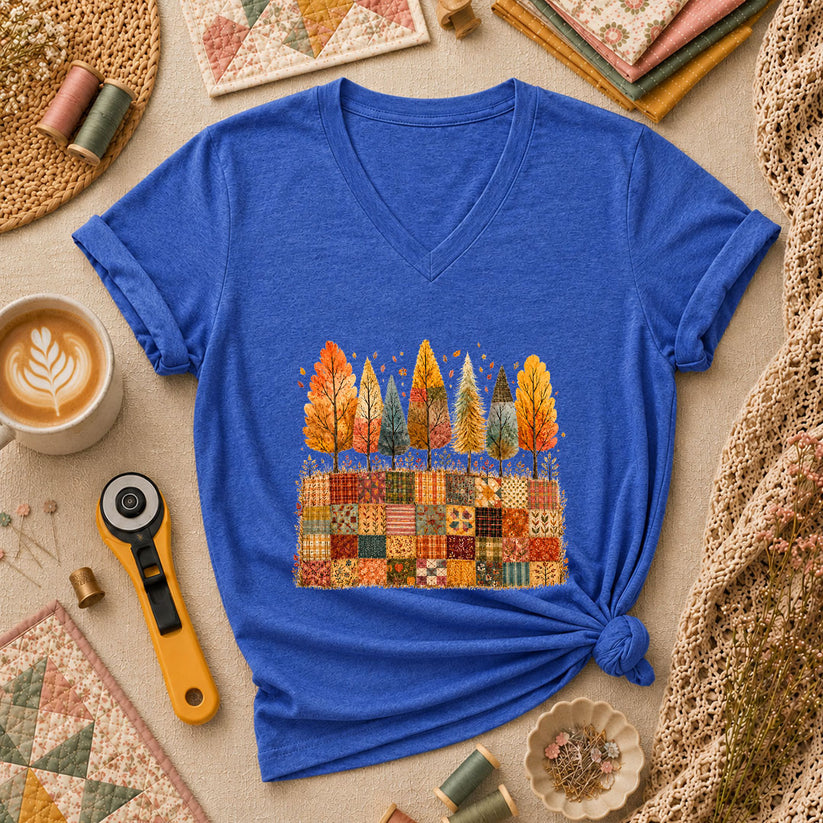 Fall Trees Patchwork Quilt Women's V-Neck - Heather True Royal