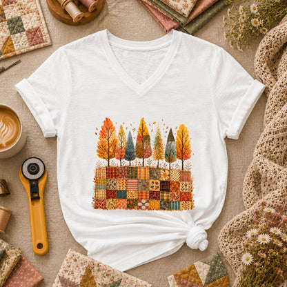 Fall Trees Patchwork Quilt Women's V-Neck - White