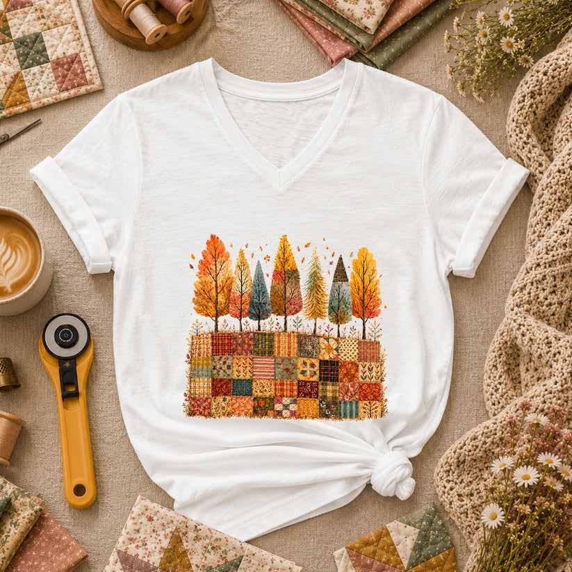 Fall Trees Patchwork Quilt Women's V-Neck - White