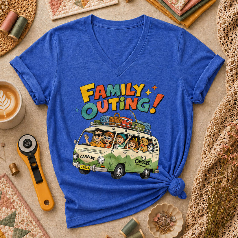 Family Outing Camping Van Women's V-Neck - Heather True Royal