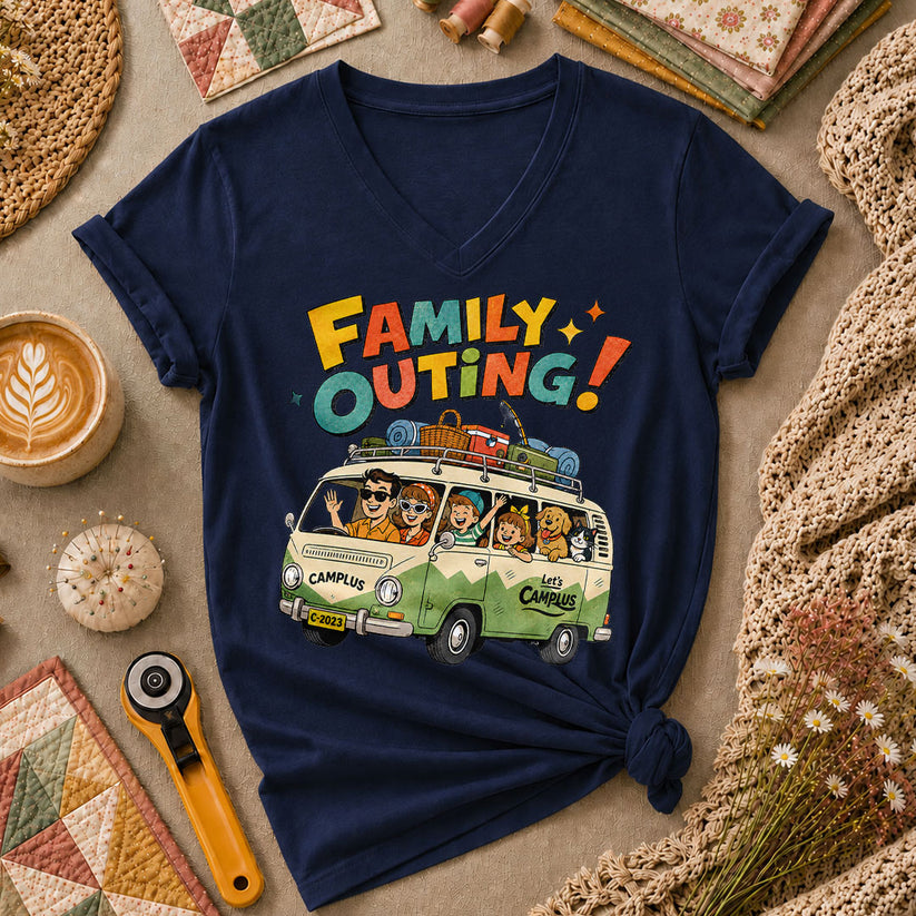 Family Outing Camping Van Women's V-Neck - Navy