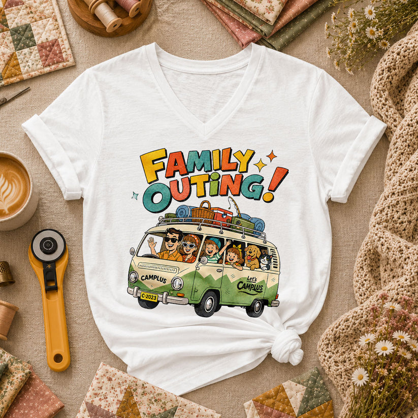 Family Outing Camping Van Women's V-Neck - White