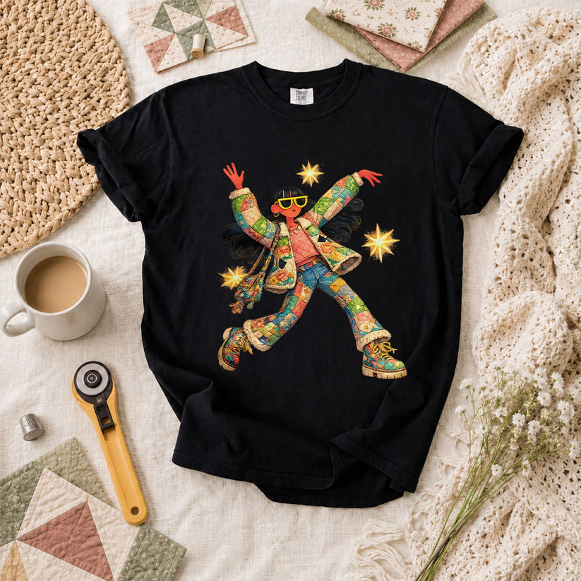 Fantasy Girl Patchwork T-Shirt - Black