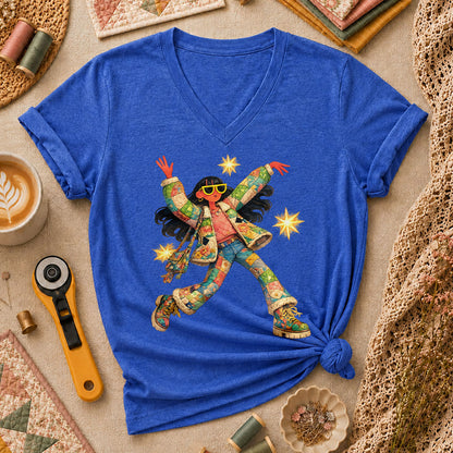 Fantasy Girl Patchwork Women's V-Neck - Heather True Royal