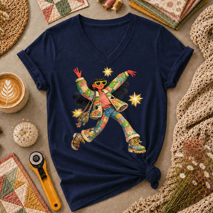 Fantasy Girl Patchwork Women's V-Neck - Navy
