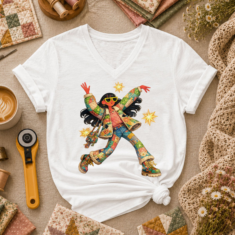 Fantasy Girl Patchwork Women's V-Neck - White