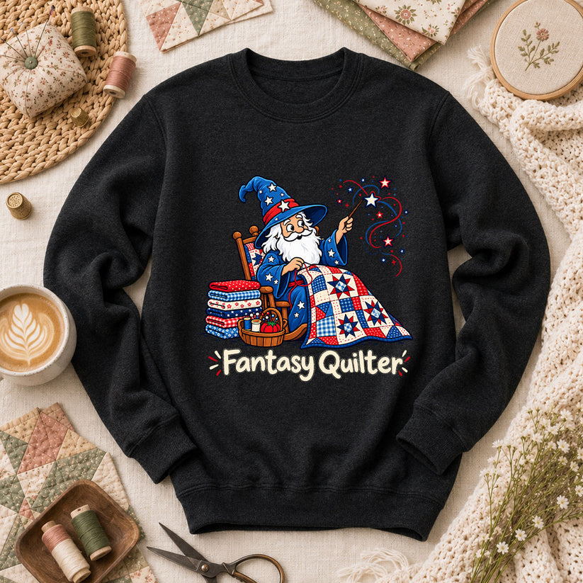 Fantasy Quilter Wizard Patriotic Long Sleeve - Black