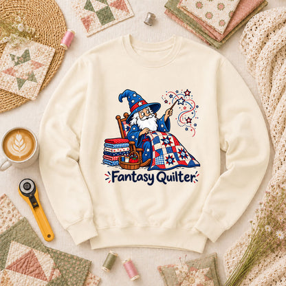 Fantasy Quilter Wizard Patriotic Long Sleeve - Natural