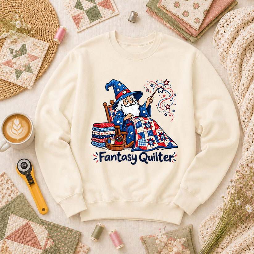 Fantasy Quilter Wizard Patriotic Long Sleeve - Natural