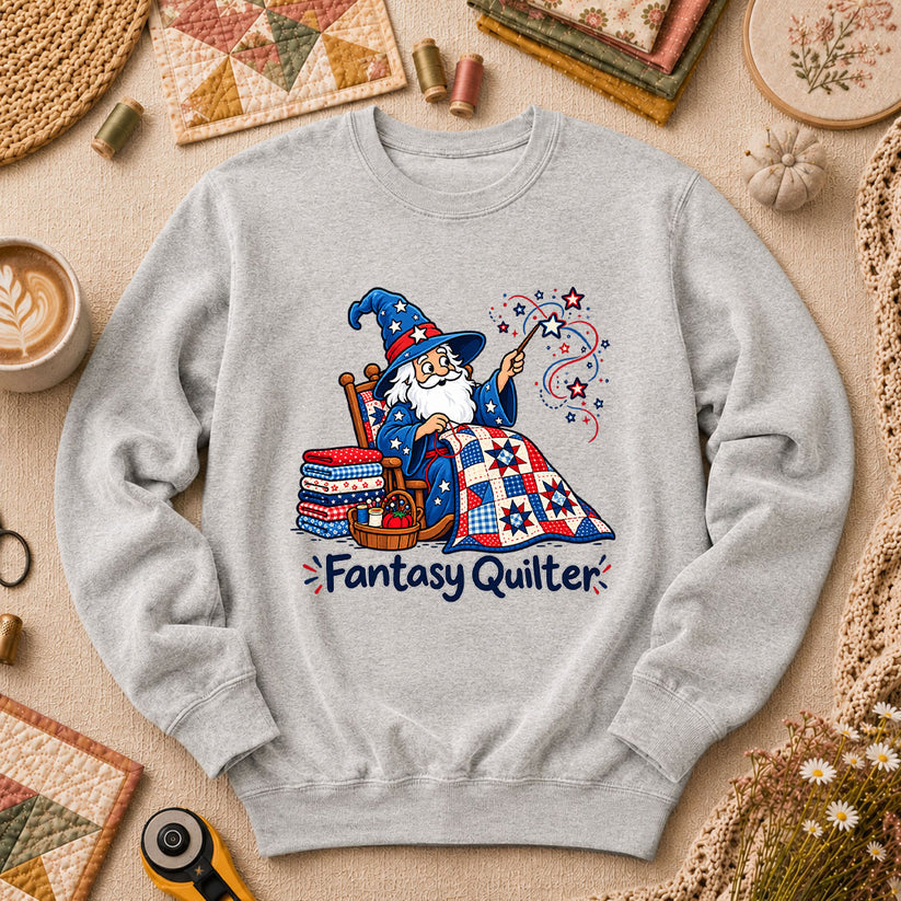 Fantasy Quilter Wizard Patriotic Long Sleeve - Sport Grey