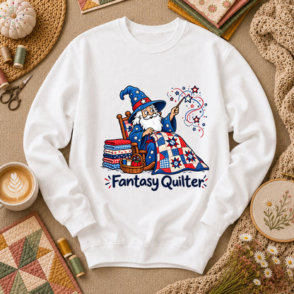 Fantasy Quilter Wizard Patriotic Long Sleeve - White
