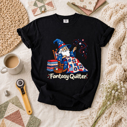 Fantasy Quilter Wizard Patriotic T-Shirt - Black
