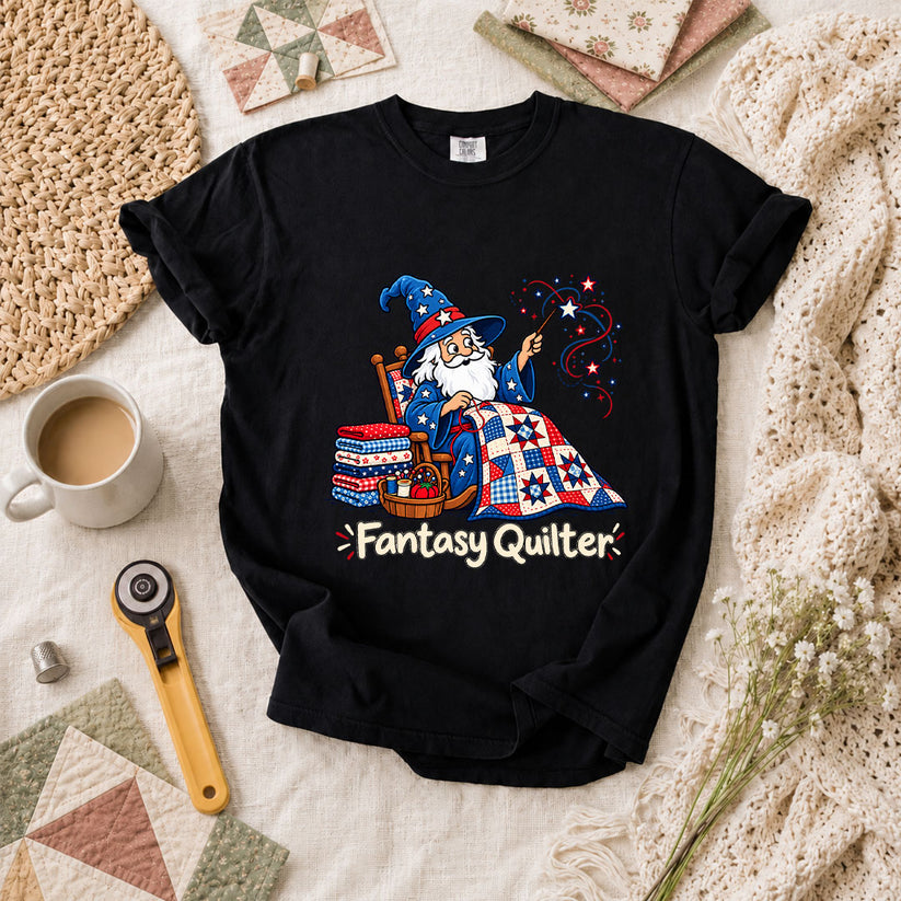 Fantasy Quilter Wizard Patriotic T-Shirt - Black