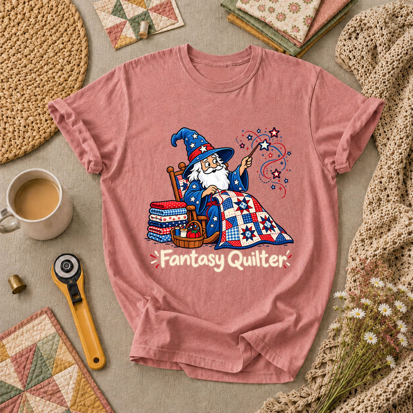 Fantasy Quilter Wizard Patriotic T-Shirt - Heather Mauve