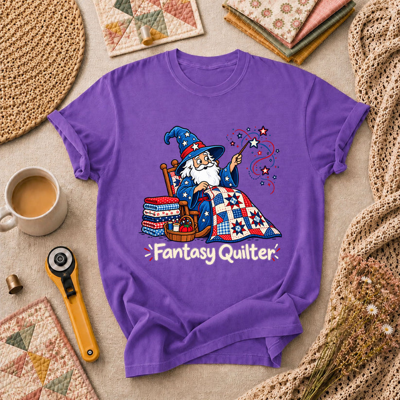 Fantasy Quilter Wizard Patriotic T-Shirt - Heather Team Purple