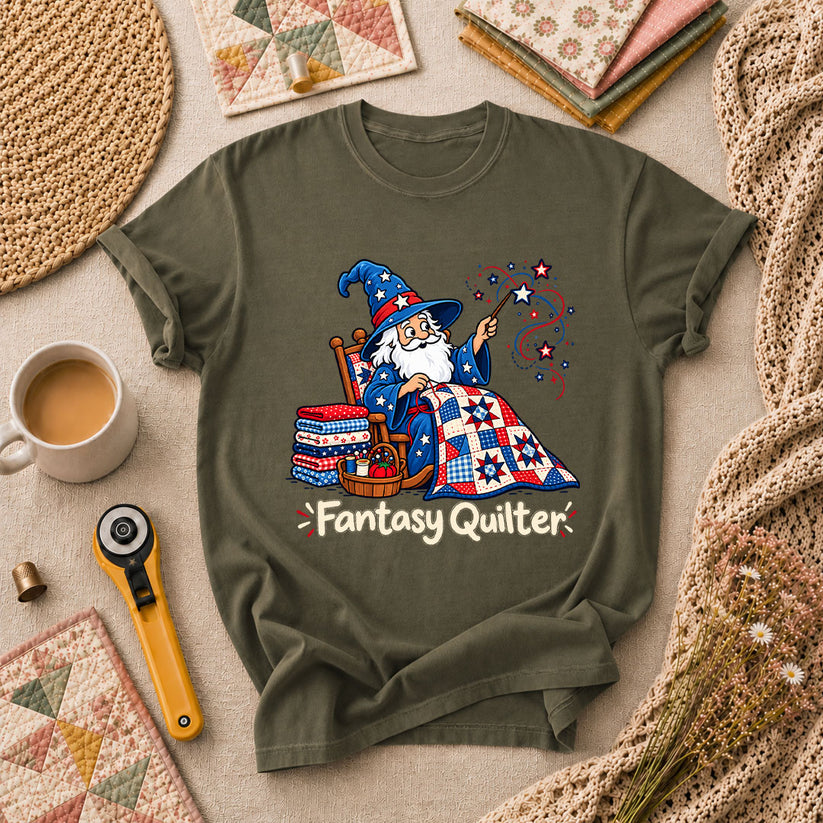 Fantasy Quilter Wizard Patriotic T-Shirt - Military Green
