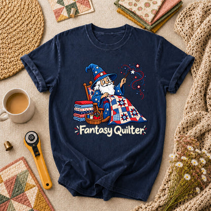 Fantasy Quilter Wizard Patriotic T-Shirt - Navy