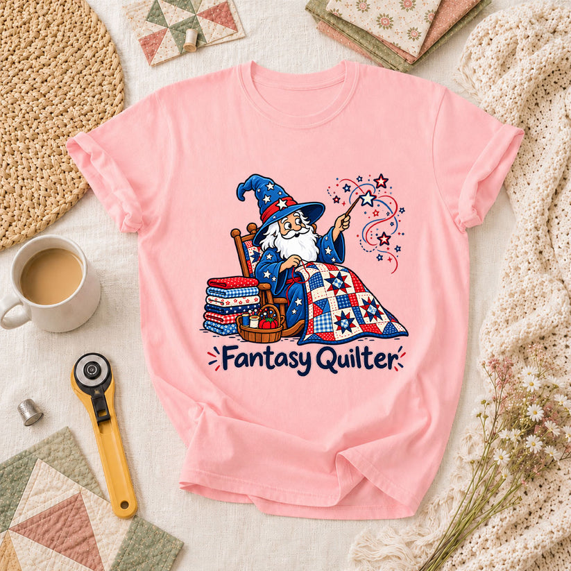 Fantasy Quilter Wizard Patriotic T-Shirt - Pink
