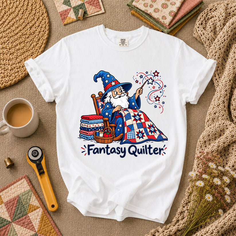 Fantasy Quilter Wizard Patriotic T-Shirt - White