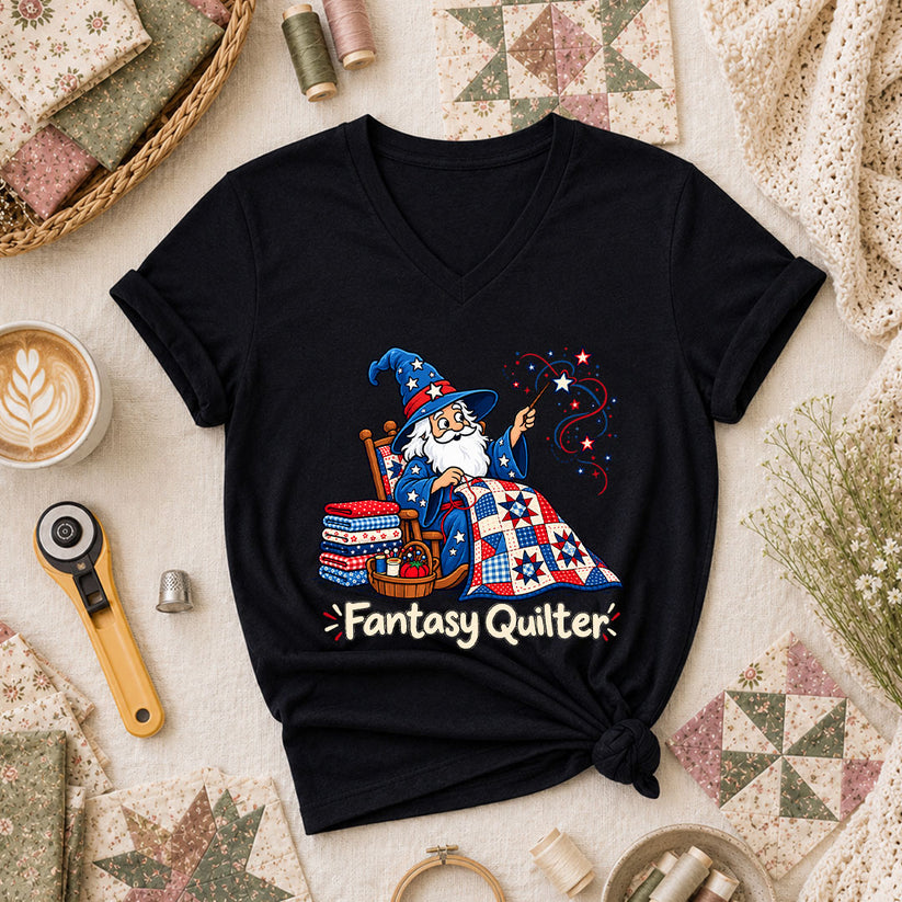 Fantasy Quilter Wizard Patriotic Women's V-Neck - Black