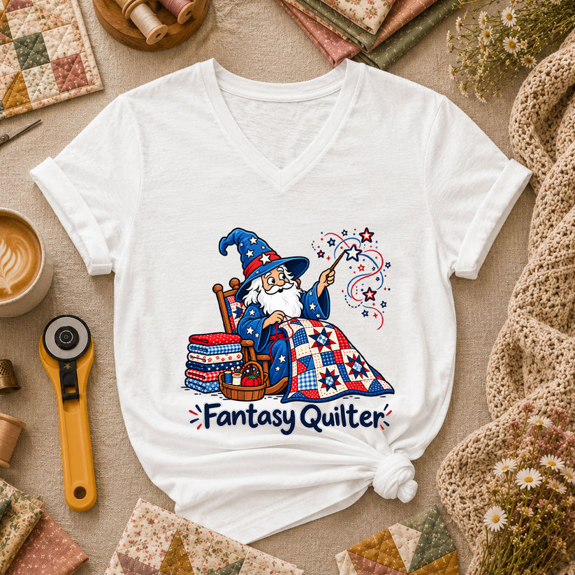 Fantasy Quilter Wizard Patriotic Women's V-Neck - White