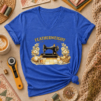 Featherweight Vintage Sewing Machine Women's V-Neck - Heather True Royal