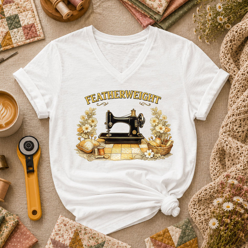 Featherweight Vintage Sewing Machine Women's V-Neck - White
