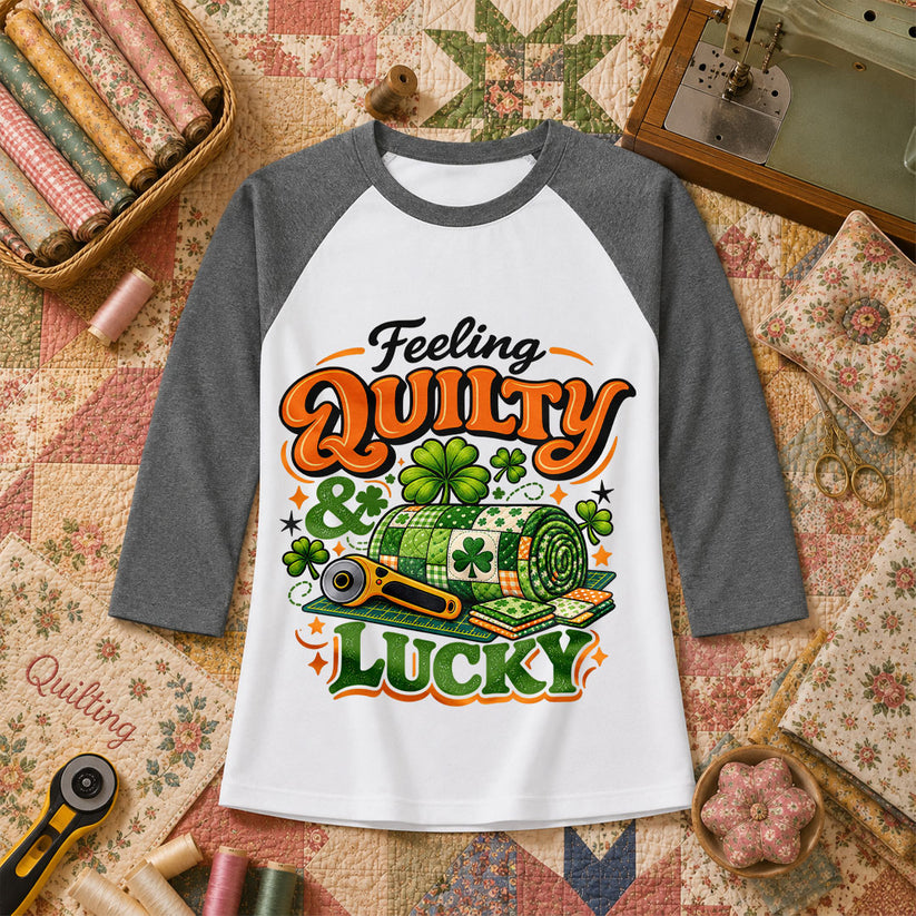Feeling Quilty And Lucky Shamrock Raglan Sleeve - Deep Heather