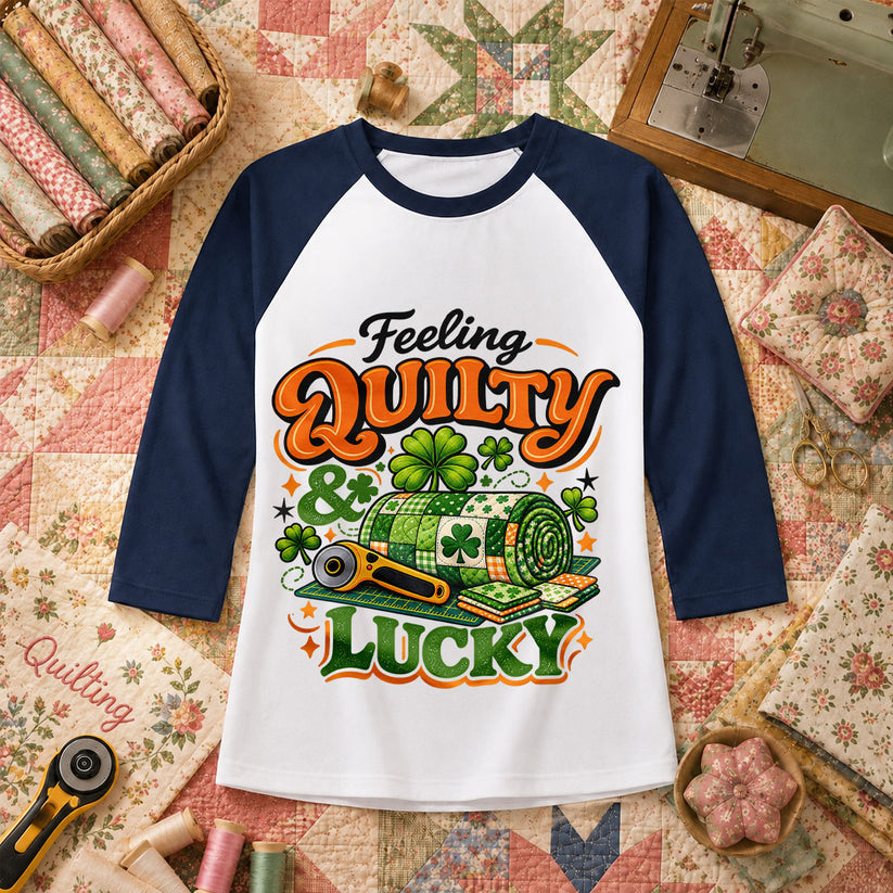 Feeling Quilty And Lucky Shamrock Raglan Sleeve - Navy
