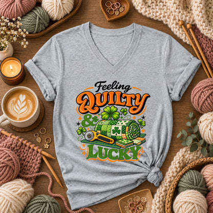 Feeling Quilty And Lucky Shamrock Women's V-Neck - Athletic Heather