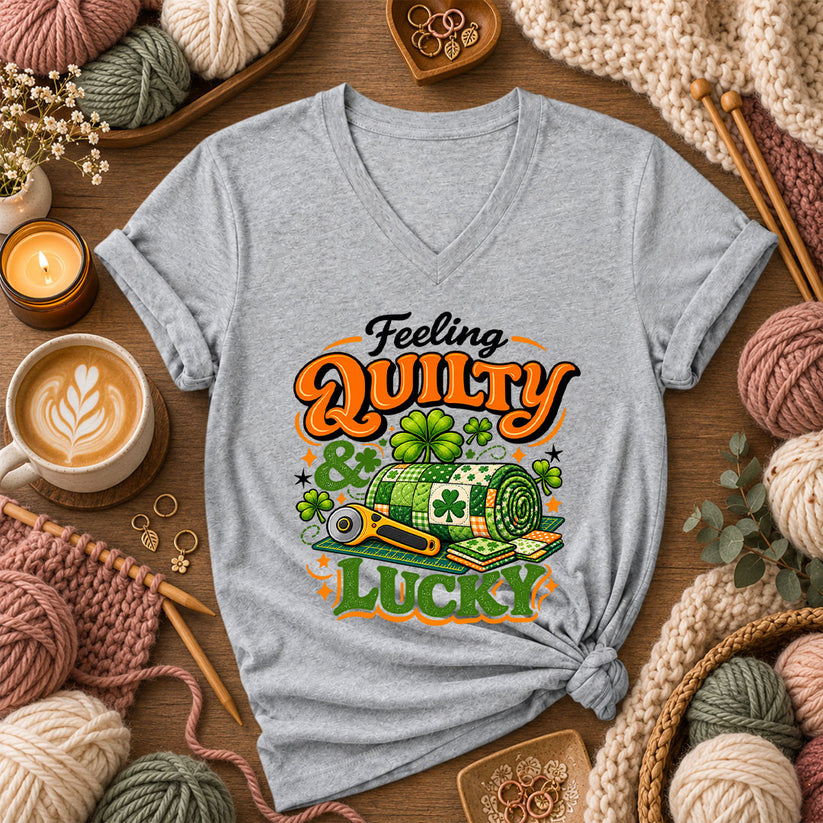 Feeling Quilty And Lucky Shamrock Women's V-Neck - Athletic Heather