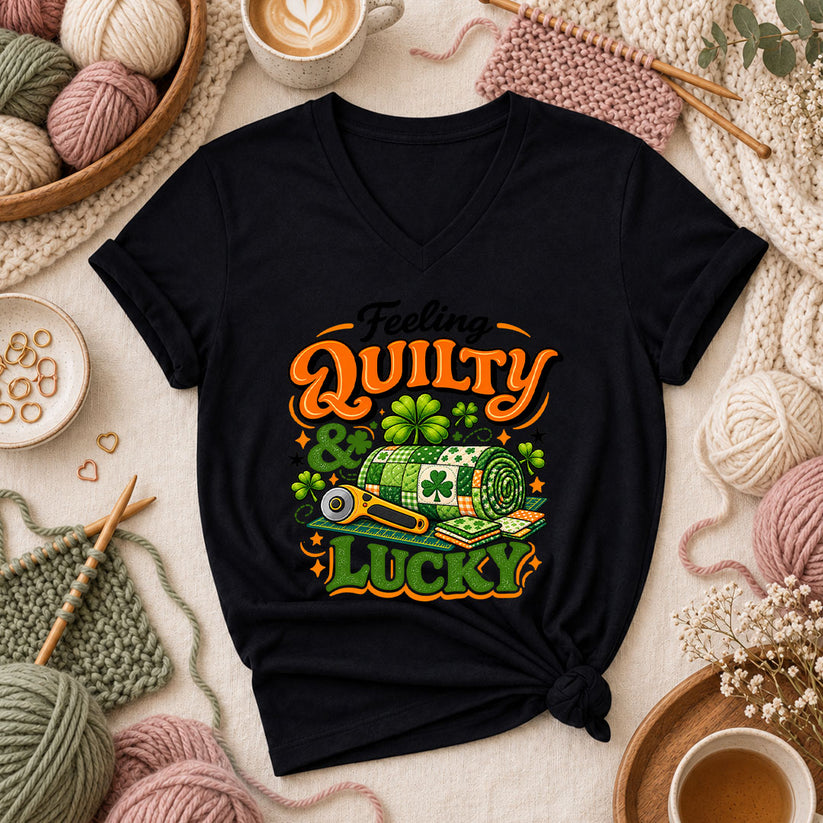 Feeling Quilty And Lucky Shamrock Women's V-Neck - Black