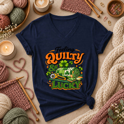 Feeling Quilty And Lucky Shamrock Women's V-Neck - Navy