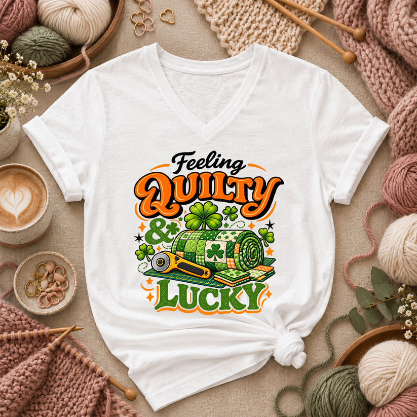 Feeling Quilty And Lucky Shamrock Women's V-Neck - White