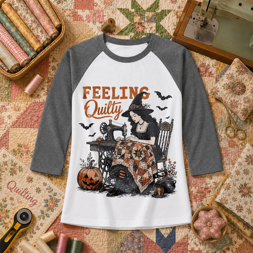 Feeling Quilty Witch Halloween Raglan Sleeve - Deep Heather